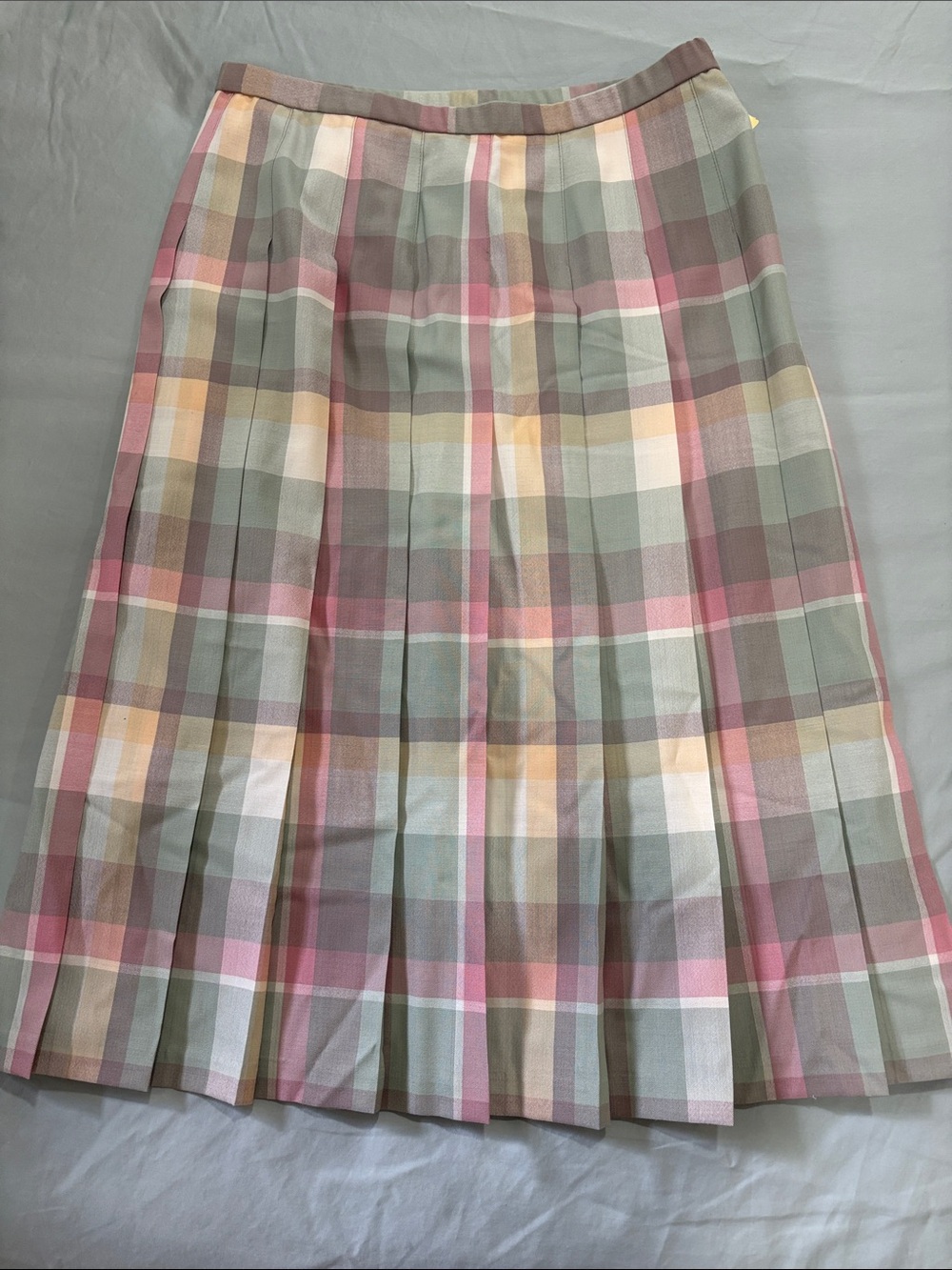 VTG Pendleton 100% Virgin Wool Pleated Plaid Skirt Pastel Pink Green Midi